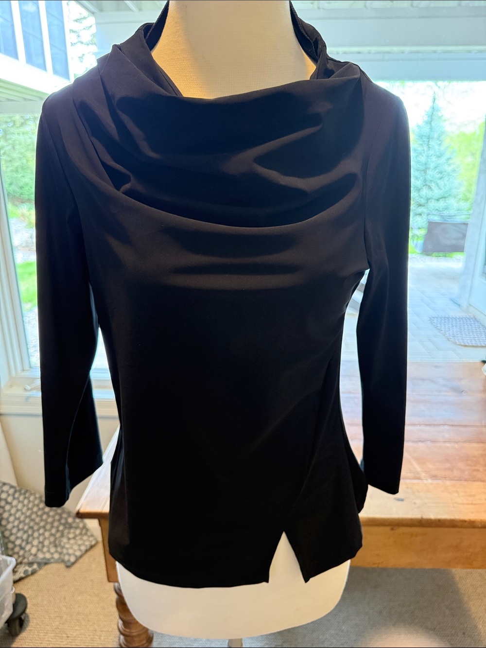 Black Long Sleeve Draped-Neck Tee